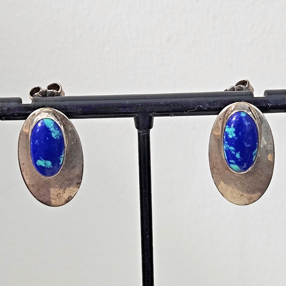 Vintage Azurite Malachite Earrings Southwestern Oval Bezel